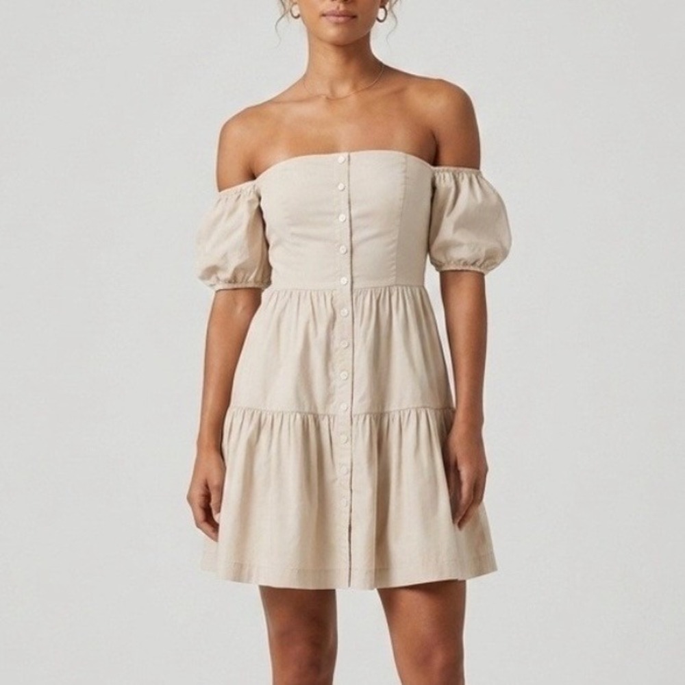 Staud Elio Tan Cotton Poplin Off-The-Shoulder Tiered Mini Dress Size 4